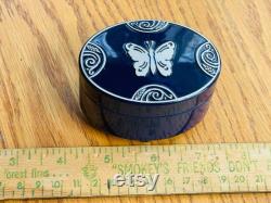 Antique Lucretia Vanderbilt Art Nouveau Cosmetic Dresser Top Mid Night Blue Butterfly Powder Box 1920's