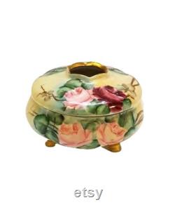 Antique MZ Austria Hair Receiver Powder Trinket Box Hand Painted 1913 Pink Roses Signed E Ten Eyck Victorian Vintage Vanity Shabby Cottage