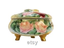 Antique MZ Austria Hair Receiver Powder Trinket Box Hand Painted 1913 Pink Roses Signed E Ten Eyck Victorian Vintage Vanity Shabby Cottage