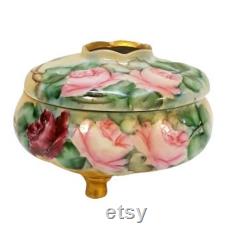 Antique MZ Austria Hair Receiver Powder Trinket Box Hand Painted 1913 Pink Roses Signed E Ten Eyck Victorian Vintage Vanity Shabby Cottage