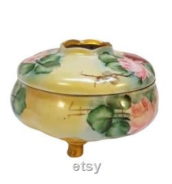 Antique MZ Austria Hair Receiver Powder Trinket Box Hand Painted 1913 Pink Roses Signed E Ten Eyck Victorian Vintage Vanity Shabby Cottage