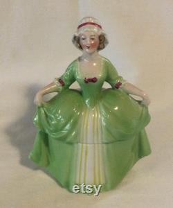 Antique Madame Pompadour Dresser Dolls Figural Lady in Green Dress Powder Jar