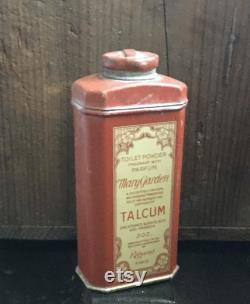 Antique Mary Garden Toilet Powder Parfum Talcum, Red Tin with Wonderful Graphics by Rigaud Paris with 1 3 of Fragrant Talcum Remaining