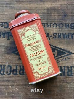 Antique Mary Garden Toilet Powder Parfum Talcum, Red Tin with Wonderful Graphics by Rigaud Paris with 1 3 of Fragrant Talcum Remaining