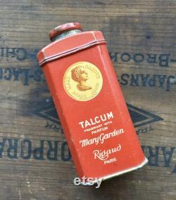 Antique Mary Garden Toilet Powder Parfum Talcum, Red Tin with Wonderful Graphics by Rigaud Paris with 1 3 of Fragrant Talcum Remaining