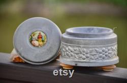 Antique Metal POWDER MUSIC BOX Victorian Jewelry Powder Box Musical Victorian Couple Vanity Box Powder Puff Box Vintage Vanity R-17