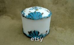 Antique Milk Glass Puff Box Victorian Glass Lidded Vanity Dish Hand Painted Ray End EAPG 1890s Dithridge and Company Made in USA