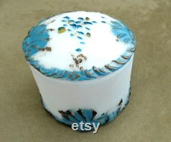 Antique Milk Glass Puff Box Victorian Glass Lidded Vanity Dish Hand Painted Ray End EAPG 1890s Dithridge and Company Made in USA