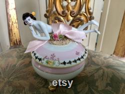 Antique Nippon Footed Powder box with Antique German Porcelain Pincushion or Powder Box Lounging Lady Doll, 4.5 Long New Assemblage