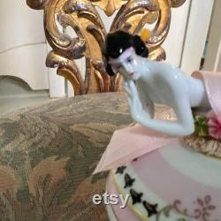 Antique Nippon Footed Powder box with Antique German Porcelain Pincushion or Powder Box Lounging Lady Doll, 4.5 Long New Assemblage