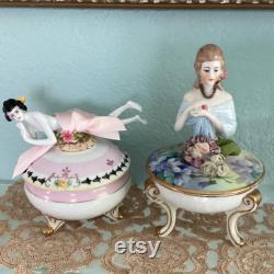 Antique Nippon Footed Powder box with Antique German Porcelain Pincushion or Powder Box Lounging Lady Doll, 4.5 Long New Assemblage