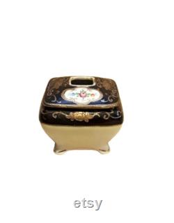 Antique Nippon Hair Receiver Hand Painted Porcelain Black Trim Floral Shabby Cottage Chic