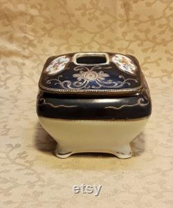 Antique Nippon Hair Receiver Hand Painted Porcelain Black Trim Floral Shabby Cottage Chic
