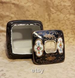 Antique Nippon Hair Receiver Hand Painted Porcelain Black Trim Floral Shabby Cottage Chic