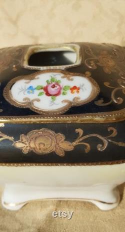 Antique Nippon Hair Receiver Hand Painted Porcelain Black Trim Floral Shabby Cottage Chic