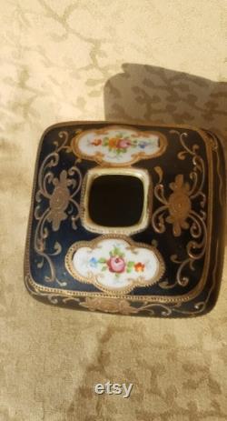 Antique Nippon Hair Receiver Hand Painted Porcelain Black Trim Floral Shabby Cottage Chic