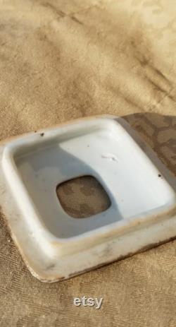 Antique Nippon Hair Receiver Hand Painted Porcelain Black Trim Floral Shabby Cottage Chic