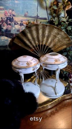 Antique Nippon Porcelain (3) Leg Powder Box and Hair Reciever w Lids Gold Gild Moriage Dresser Set