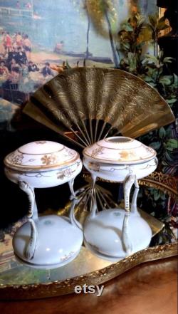 Antique Nippon Porcelain (3) Leg Powder Box and Hair Reciever w Lids Gold Gild Moriage Dresser Set