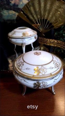 Antique Nippon Porcelain (3) Leg Powder Box and Hair Reciever w Lids Gold Gild Moriage Dresser Set