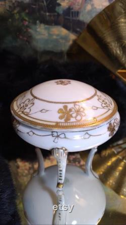 Antique Nippon Porcelain (3) Leg Powder Box and Hair Reciever w Lids Gold Gild Moriage Dresser Set