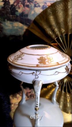 Antique Nippon Porcelain (3) Leg Powder Box and Hair Reciever w Lids Gold Gild Moriage Dresser Set