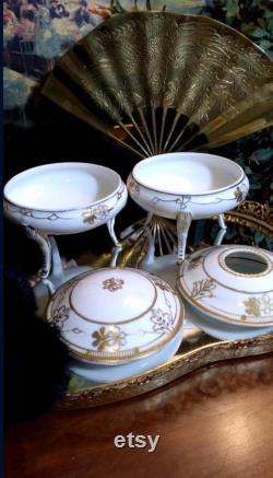 Antique Nippon Porcelain (3) Leg Powder Box and Hair Reciever w Lids Gold Gild Moriage Dresser Set