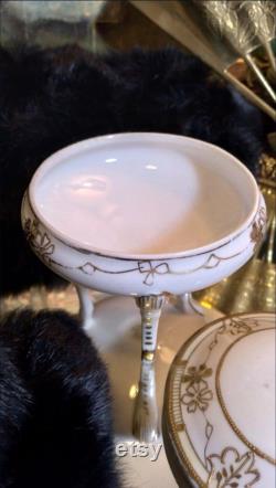 Antique Nippon Porcelain (3) Leg Powder Box and Hair Reciever w Lids Gold Gild Moriage Dresser Set