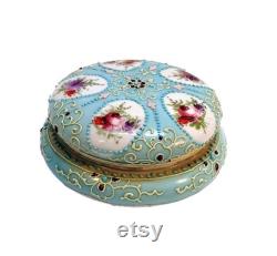 Antique Nippon Powder Box Vanity Jar Moriage Enameled Victorian Blue Pink Roses Vintage Shabby Cottage Boudoir