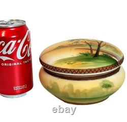 Antique Nippon Powder Box withLid Hand Painted Landscape Scene Trees Water Church