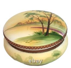 Antique Nippon Powder Box withLid Hand Painted Landscape Scene Trees Water Church