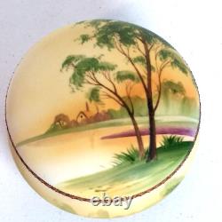 Antique Nippon Powder Box withLid Hand Painted Landscape Scene Trees Water Church