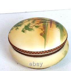 Antique Nippon Powder Box withLid Hand Painted Landscape Scene Trees Water Church
