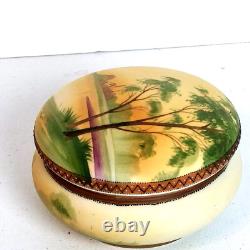 Antique Nippon Powder Box withLid Hand Painted Landscape Scene Trees Water Church