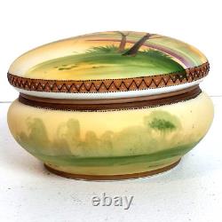 Antique Nippon Powder Box withLid Hand Painted Landscape Scene Trees Water Church