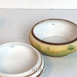 Antique Nippon Powder Box withLid Hand Painted Landscape Scene Trees Water Church