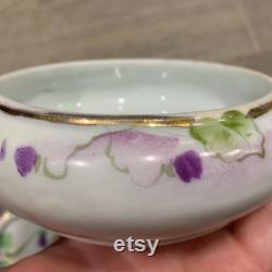 Antique Nippon Powder Jar Open Lid Hand Painted Purple Flowers Vanity Dish