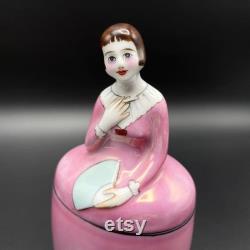 Antique Noritake Art Deco Deco Lady Figurine Powder Box in Pink Dress, Hand Painted, Circa 1918 Japan