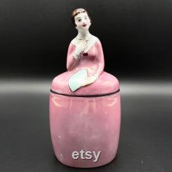Antique Noritake Art Deco Deco Lady Figurine Powder Box in Pink Dress, Hand Painted, Circa 1918 Japan