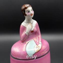Antique Noritake Art Deco Deco Lady Figurine Powder Box in Pink Dress, Hand Painted, Circa 1918 Japan