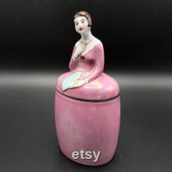 Antique Noritake Art Deco Deco Lady Figurine Powder Box in Pink Dress, Hand Painted, Circa 1918 Japan