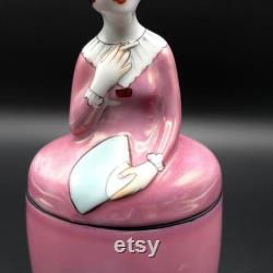 Antique Noritake Art Deco Deco Lady Figurine Powder Box in Pink Dress, Hand Painted, Circa 1918 Japan
