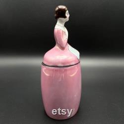 Antique Noritake Art Deco Deco Lady Figurine Powder Box in Pink Dress, Hand Painted, Circa 1918 Japan