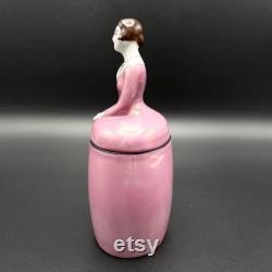 Antique Noritake Art Deco Deco Lady Figurine Powder Box in Pink Dress, Hand Painted, Circa 1918 Japan