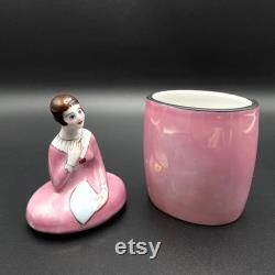 Antique Noritake Art Deco Deco Lady Figurine Powder Box in Pink Dress, Hand Painted, Circa 1918 Japan