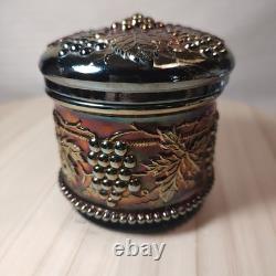 Antique Northwood Carnival Glass Vanity Powder Box & Lid Black Amethyst EUC 1 FB
