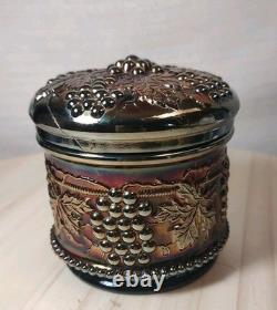 Antique Northwood Carnival Glass Vanity Powder Box & Lid Black Amethyst EUC 1 FB