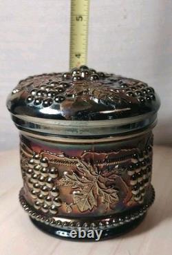Antique Northwood Carnival Glass Vanity Powder Box & Lid Black Amethyst EUC 1 FB