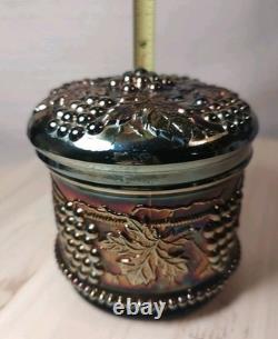 Antique Northwood Carnival Glass Vanity Powder Box & Lid Black Amethyst EUC 1 FB