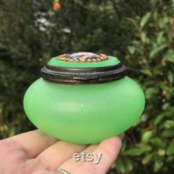 Antique Opaque Uranium Glass Trinket Pot, Bronze Hinged Lid, European Circa 1880, Cameo, 3.25 x 2.25 , Excellent Condition, 140 years old